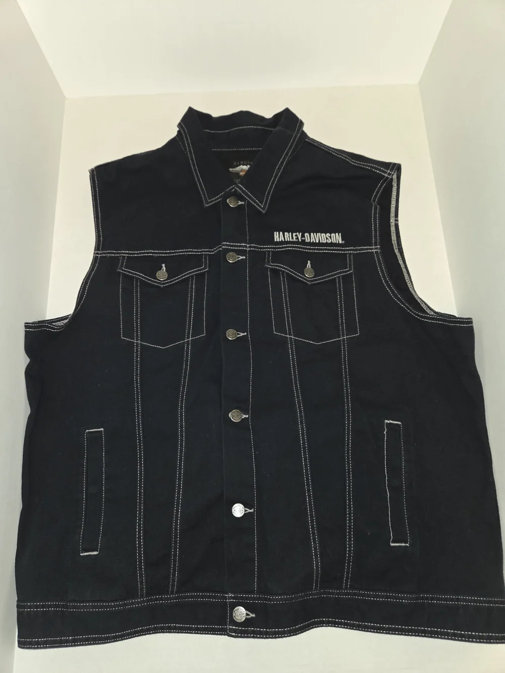 Harley-Davidson Black Denim Sleeveless Vest with White Stitching